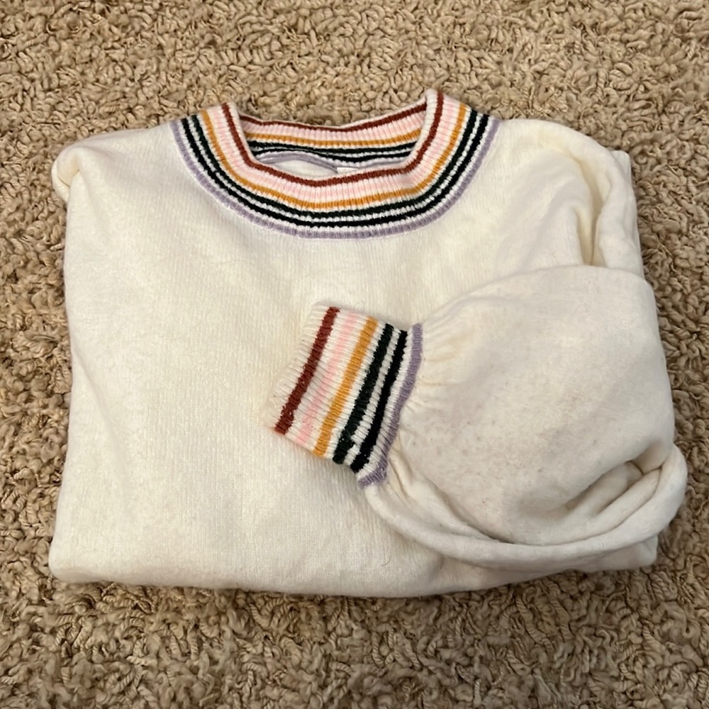 Wishlist Cream Crewneck Sweater with Multicolor Stripe Trim